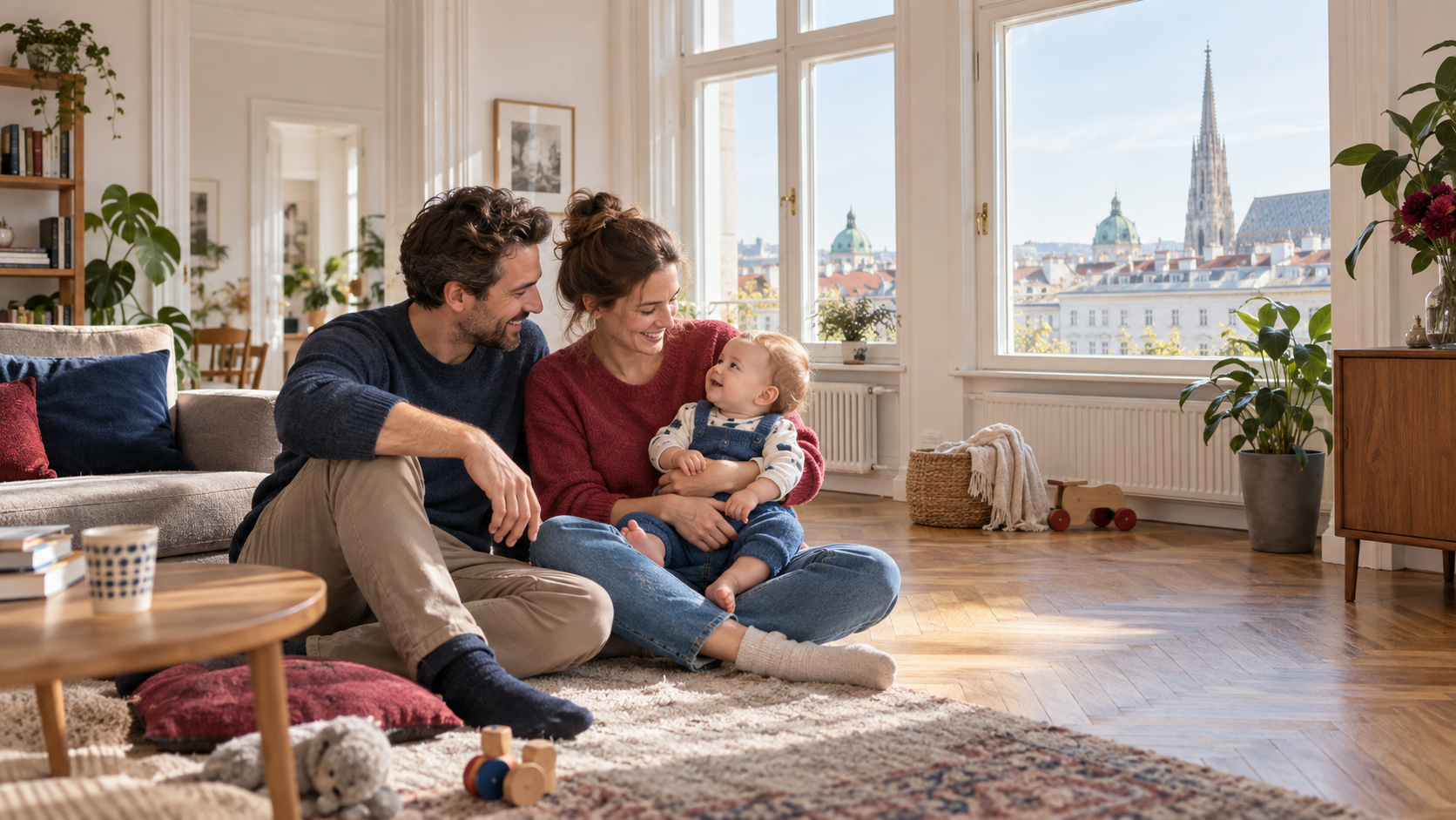 Junge Familie in einer hellen Wiener Altbauwohnung